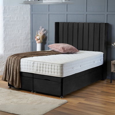 Bsspoke End Lift Ottoman Divan Bed In Black Plush 54Inch Headboard & Orthopaedic Mattress In 4Ft 5Ft 6Ft - image 1