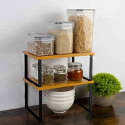 Kitchen Cupboard Shelf Organizer Stackable Natural And Black Set Of 2 - thumbnail 3