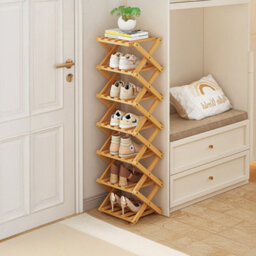 Living And Home Light Brown 7-Tier Bamboo Folding Shoe Rack - thumbnail 1