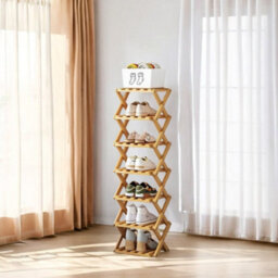 Living And Home Light Brown 7-Tier Bamboo Folding Shoe Rack - thumbnail 3