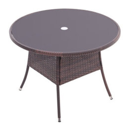 Living And Home Retro Round Garden Rattan Wicker Tempered Glass Top Outdoor Patio Dinging Table With Umbrella Hole, Brown 105 Cm - thumbnail 3