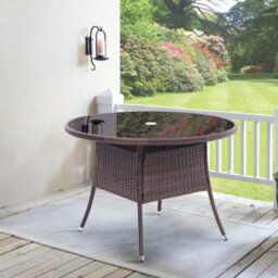Living And Home Retro Round Garden Rattan Wicker Tempered Glass Top Outdoor Patio Dinging Table With Umbrella Hole, Brown 105 Cm - thumbnail 2
