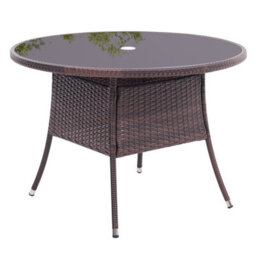 Living And Home Retro Round Garden Rattan Wicker Tempered Glass Top Outdoor Patio Dinging Table With Umbrella Hole, Brown 105 Cm - thumbnail 1