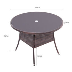Living And Home Retro Round Garden Rattan Wicker Tempered Glass Top Outdoor Patio Dinging Table With Umbrella Hole, Brown 105 Cm - thumbnail 5