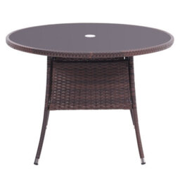 Living And Home Retro Round Garden Rattan Wicker Tempered Glass Top Outdoor Patio Dinging Table With Umbrella Hole, Brown 105 Cm - thumbnail 4