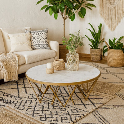 Wyld Haus Livorno 100Cm White Marble-Effect Glass Coffee Table With Gold Metal Base - image 1