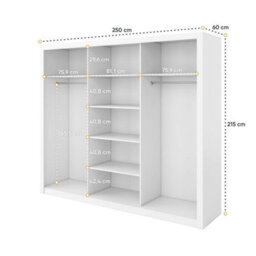 Arte Idea 01 Contemporary Mirrored Sliding 3 Door Wardrobe 6 Shelves 2 Rails White (H)2150mm (W)2500mm (D)600mm - thumbnail 4