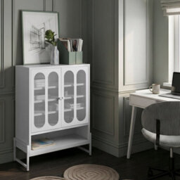 Wyld And Coco Steelcraft 2-Door White Steel Sideboard With Perforated Doors And 5 Shelves, W84 X D35 X H108Cm - thumbnail 2