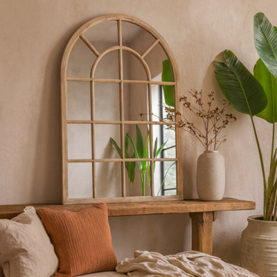 Wyld Haus Large Natural Industrial Arched Wooden Windowpane Mirror - image 1
