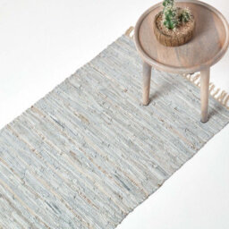 Homescapes Leather Glitter Rug Silver And Natural, 66 X 200Cm Runner