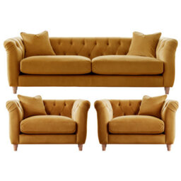 Furnishings For Less UK Elsie Velvet Chesterfield Plush Velvet Ochre 3 Seater + 2X Armchair Set - thumbnail 1