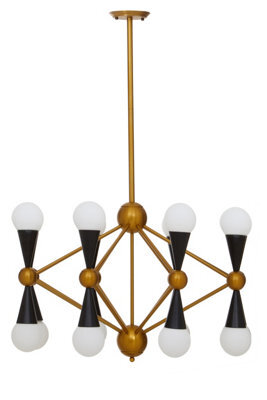 Orsina Brass And Black Metal Pendant Light, Contemporary 16 Bulb Ceiling Light With White Glass Shades - image 1