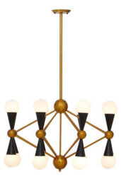 Orsina Brass And Black Metal Pendant Light, Contemporary 16 Bulb Ceiling Light With White Glass Shades - thumbnail 2