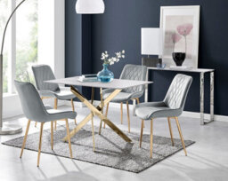Furniturebox Uk Leonardo White Glass Marble Effect Gold Leg Table & 4 Grey Pesaro Gold Leg Chairs