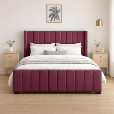 Naples Upholstered Maroon Vertical Line Small Double Bed Frame, Modern Luxury Floor-Standing Headboard & Footboard - image 1