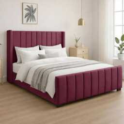 Naples Upholstered Maroon Vertical Line Small Double Bed Frame, Modern Luxury Floor-Standing Headboard & Footboard - thumbnail 2