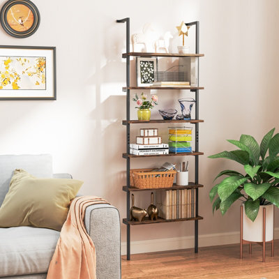 Costway 6-Tier Ladder Shelf Wall Mounted Industrial Bookshelf With Metal Frame - image 1