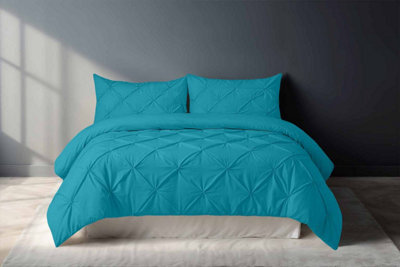 Pintuck Pinch Pleated Polycotton Duvet Cover And Pillowcase/s Set Bed Linen Teal - image 1
