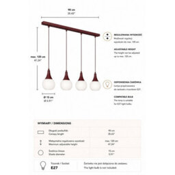 Luminosa Lighting Luminosa Lacrima Bar Pendant Ceiling Light Burgundy White Glass Shade 4X E27 - thumbnail 4