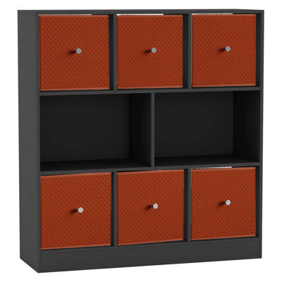 Urbn-Living Black, Orange - Asymmetrical 8 Cube Bookcase Unit W/ 6 Drawer Inserts - image 1