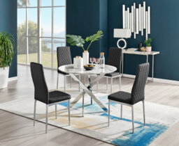 Furniturebox Novara White Marble Effect 100Cm Round Dining Table With Chrome Starburst Legs & 4 Black Faux Leather Milan Chairs