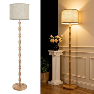 Luminexdesigns Wood Floor Lamp For Living Room, 167 Cm Tall Natural Oak Standing With Beige Linen Shade, E 27 Socket, Vintage