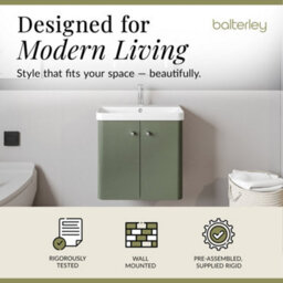 Balterley Flashbrook Modern Bathroom Wall Hung 2 Door Vanity Unit Basin, Satin Green, 605mm - thumbnail 3