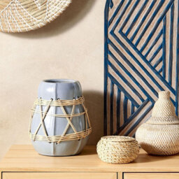 Beliani Stonewear Decorative Vase, White Terracotta With Pastel Blue Lacquer And Woven Rattan Pattern, 22Cm X 27Cm - thumbnail 2