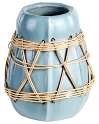 Beliani Stonewear Decorative Vase, White Terracotta With Pastel Blue Lacquer And Woven Rattan Pattern, 22Cm X 27Cm - thumbnail 3