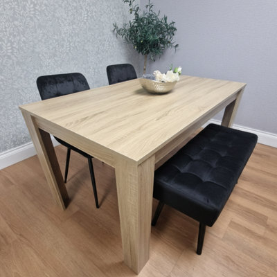 Kosy Koala Modern Oak Effect Table With 2 Black Velvet Chairs And A Black Velvet Benche Dining Room Set - image 1