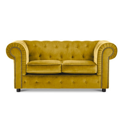Furnishings For Less UK Ashbourne Chesterfield Large Tumeric Velvet Fabric 2 Seater Sofa Studded Design - image 1