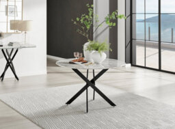 Furniturebox Novara 120Cm 4-6 Seater White Marble Effect Round Wooden Dining Table With Matte Black Legs