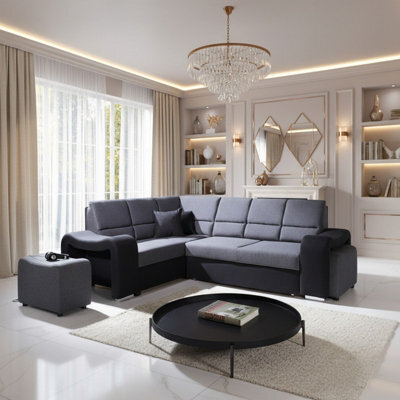 Wakiki Upholstered Corner Sofa Bed With Two Ottomans Left Or Right Storage Dolphin Mechanism 260X96X190Cm Black And Blue Left - image 1