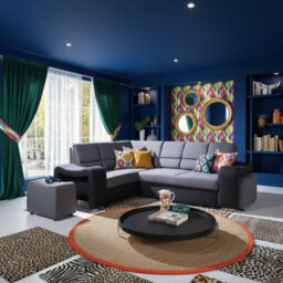 Wakiki Upholstered Corner Sofa Bed With Two Ottomans Left Or Right Storage Dolphin Mechanism 260X96X190Cm Black And Blue Left - thumbnail 3