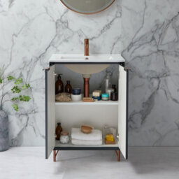 Homestylestore Anthracite 610mm Bathroom Vanity Unit With Basin And Brushed Copper Finger Pull Handle - thumbnail 2