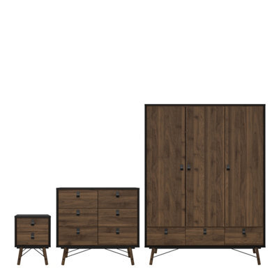 Furniture To Go Ry 3 Piece Bundle, Bedside, Chest And 3 Door 3 Drawer Wardrobe In Matt Black Walnut - image 1