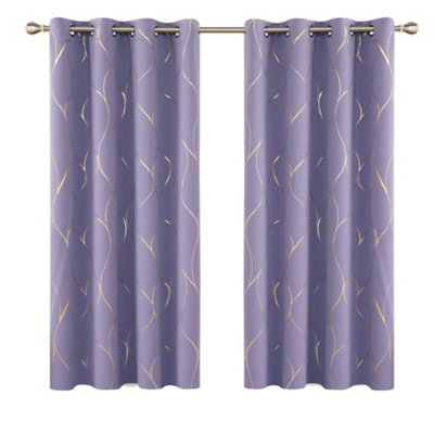 Deconovo Eyelet Blackout Curtains, Gold Wave Foil Printed Curtains For Living Room, W52 X L63 Inch, Light Purple, One Pair - image 1