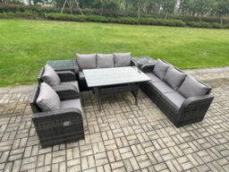Fimous Outdoor Garden Patio Furniture Wicker Rattan Oblong Rectangular Dining Table And Lounge Sofa Set With 2 Side Table - thumbnail 2