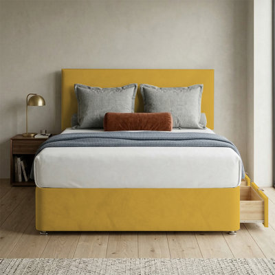 Adore Designs Victoria Plush Velvet Divan Bed, Headboard & Mattress - 4Ft6 Double - Turmeric - 2 Drawers Same Side - image 1