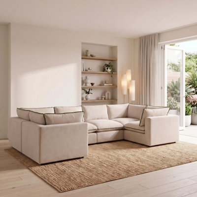 Furniturebox Uk Echo Cream & Green Linen-Look Trim Fabric 5 Seater U-Shaped Modular Corner Sofa - image 1