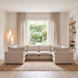 Furniturebox Uk Echo Cream & Green Linen-Look Trim Fabric 5 Seater U-Shaped Modular Corner Sofa - thumbnail 2