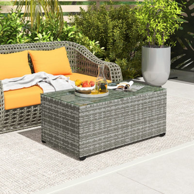 Outsunny Outdoor Coffee Table, Glass Top Rattan Side Table, Light Grey - image 1
