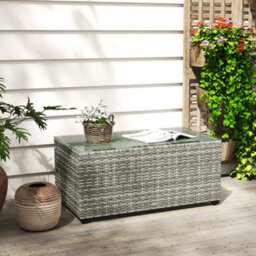 Outsunny Outdoor Coffee Table, Glass Top Rattan Side Table, Light Grey - thumbnail 9