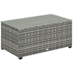 Outsunny Outdoor Coffee Table, Glass Top Rattan Side Table, Light Grey - thumbnail 2