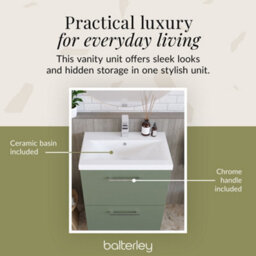 Balterley Modern Bathroom 2 Soft-Close Drawer Floor Standing Vanity Unit With Mid-Edge Basin, Satin Green, 600 mm - thumbnail 7