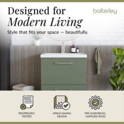 Balterley Modern Bathroom 2 Soft-Close Drawer Floor Standing Vanity Unit With Mid-Edge Basin, Satin Green, 600 mm - thumbnail 2