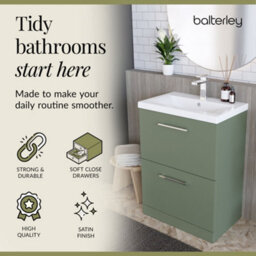 Balterley Modern Bathroom 2 Soft-Close Drawer Floor Standing Vanity Unit With Mid-Edge Basin, Satin Green, 600 mm - thumbnail 3