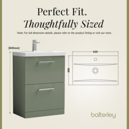 Balterley Modern Bathroom 2 Soft-Close Drawer Floor Standing Vanity Unit With Mid-Edge Basin, Satin Green, 600 mm - thumbnail 5