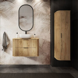 Heze Furniture Elegance Glamour Style 2 Bathroom Cabinets Set 80Cm Vanity Unit & Tall Cabinet In Gold Craft Oak