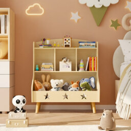 Huhote Three Compartment Wooden Kids Bookcase And Toy Storage Organiser Cabinet For Bedroom Playroom Bookshelf Book Rack Oak - thumbnail 1